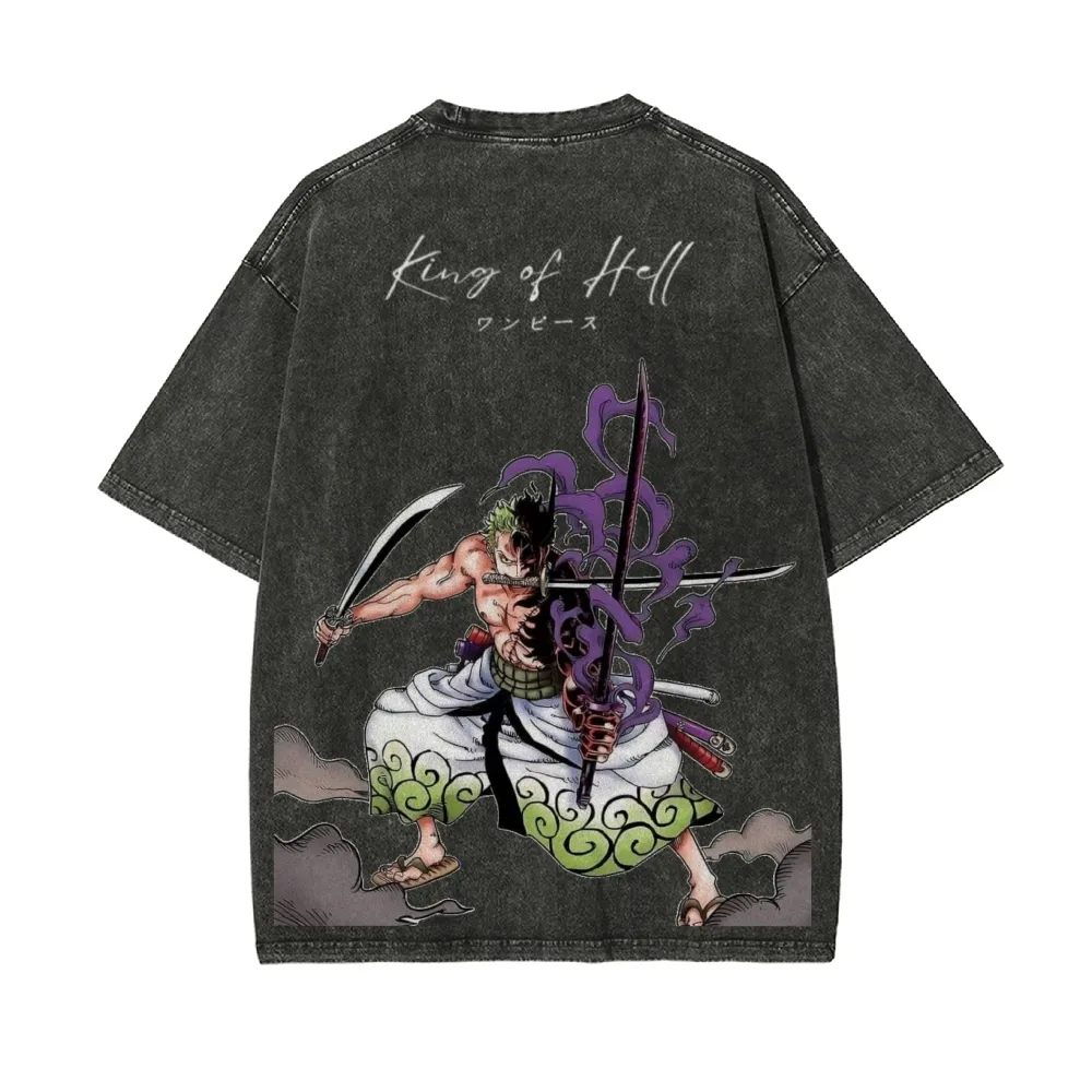 Zoro Anime Merchandise - Camiseta lavada Vintage de ONE PIECE